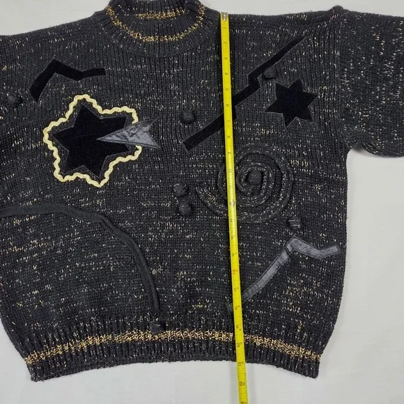 Vintage 80s Celestial Gold Sparkle Star Velvet Patch Mock Neck Sweater Womens L‎ - Picture 16 of 16